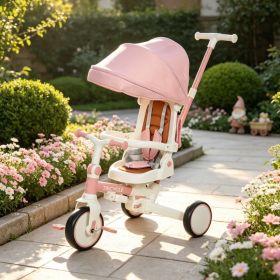 Pink 7-in-1 Toddler Tricycle Stroller – for 1-5 Years Old, Adjustable Push Handle, Rotatable Seat, Detachable Canopy