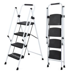White four-step ladder, light folding four-step stool, wide anti-skid pedal and safety handle, strong steel ladder, multi-purpose ladder