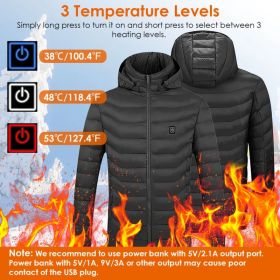 Heated Coat for Men Women, 8 Heating Zones 3 Temperature Levels, USB Powered Detachable Hood Heated Jacket for Skiing Fishing Camping Winter Outd (Option: L)