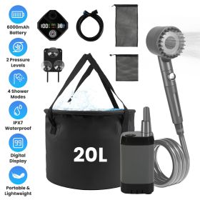 1Pc Portable Shower For Camping Include IPX7 Waterproof 6000mAh Rechargeable Shower Filtered Shower Head 5.3Gallon Foldable Bucket For Hiking Bea (Color: Black)