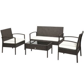 Patio Furniture Set, 4 Piece Indoor Outdoor PE Wicker Conversation Set with Chairs, Loveseat Sofa, Cushions, Glass Table for Backyard, Sunroom, (Option: Brown Rattan-1090x600x350 mm)