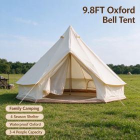 9.8FT 13.1FT Dual Size Options Bell Tent Waterproof Oxford Glamping Tent with Stove Jack, 4 Season Family Camping Yurt Tent OLFC0001 (Option: Beige-9.8ft)