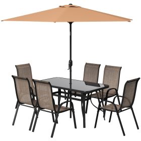 8 Pieces Patio Furniture Set with 9Ft Patio Umbrella, Outdoor Dining Table and Chairs, Light Mixed Brown (Option: Brown-1450x800x100 mm)