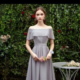 Bridesmaid Long Gray Bridesmaid Sisters Wedding Slimming Off-shoulder Banquet Dress (Option: Gray B-XL)